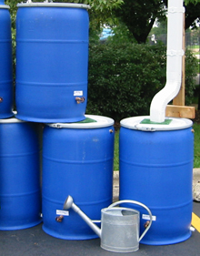 A sample rain barrel setup with rain barrels designed by WRD