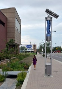 Native plantings, permeable pavers and an LED street light along the green Cermak Streetscape