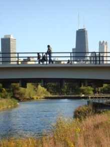 View of Nature Boardwalk with downtown Chicago in the background